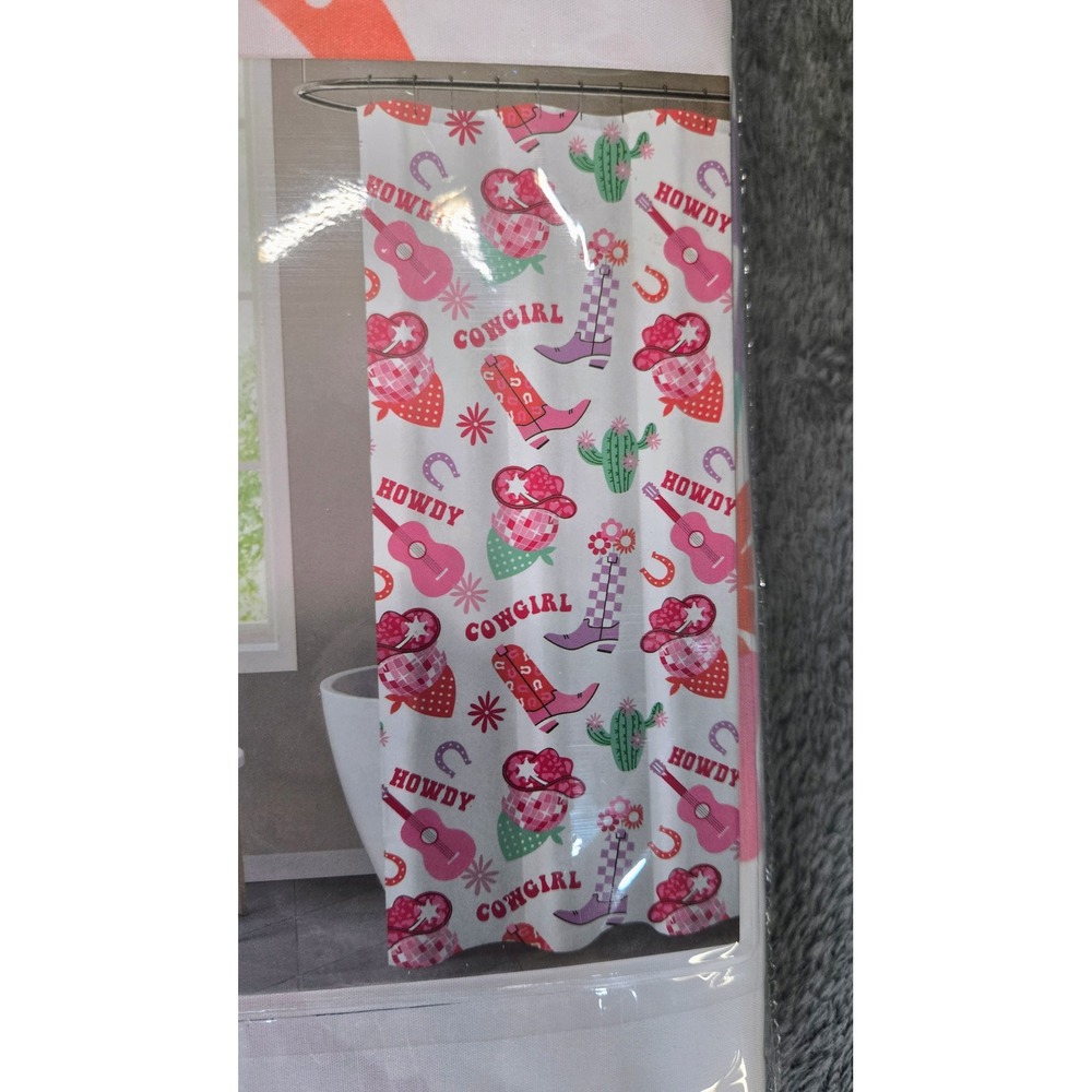 Comfort Bay Kids Shower Curtain Pink Cowgirl Western Howdy Horse 72x72 New - Picture 2 of 3